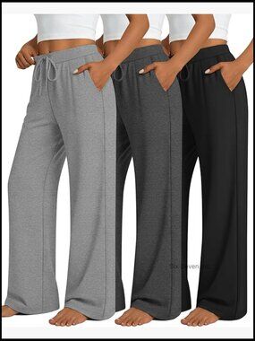 3-Pack Wide Leg Lounge Pants Drawstring Sweatpants with Pockets